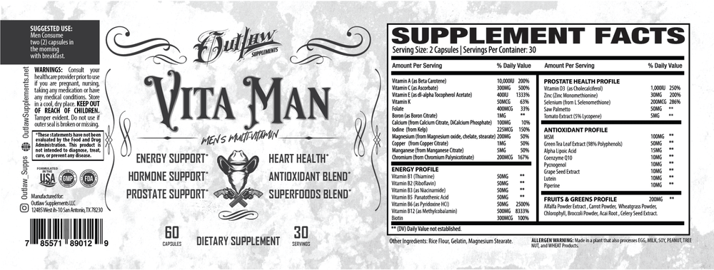 VITA MAN Men's Multi Vitamin - Outlaw Supplements